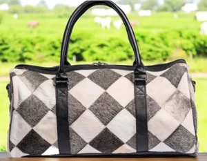 Real Cowhide patchwork duffel bag travel bag weekender bag gym bag gift - Imagen 1 de 3
