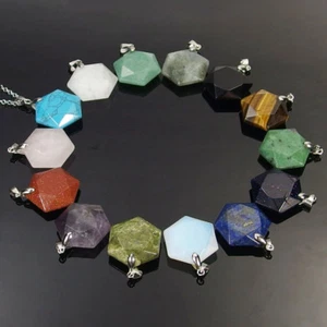 Natural Jasper Obsidian Lapis Quartz Gemstone Faceted Hexagonal Pendant - Picture 1 of 15