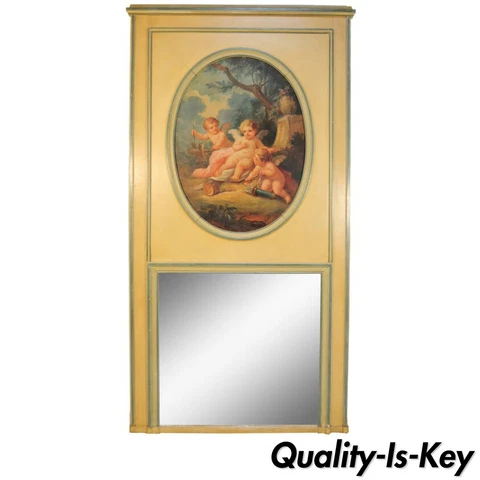 Large 19th C Painted French Louis XVI Style 82" Trumeau Mirror Depicting Cherubs Cover