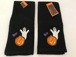 VILLEROY BOCH HALLOWEEN KITCHEN TOWELS BLACK WITH ORANGE 15"x25" QTY (2) (NWT) - Picture 1 of 6