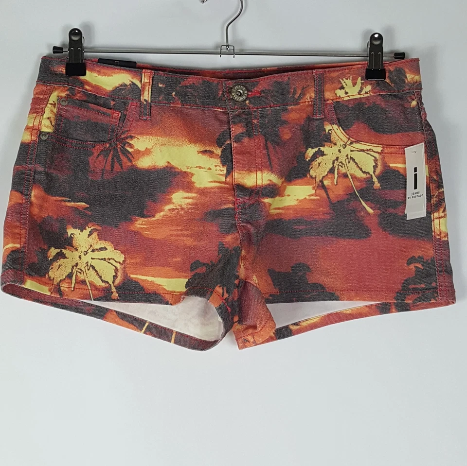 NUEVO iJeans by Buffalo Talla 12 Pantalones Cortos Denim Bahama Ajustados Puesta de Sol Palmera Puesta de Sol Foto 1 de 4