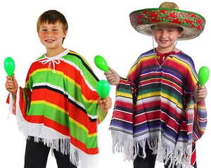 KIDS MEXICAN PONCHO WILD WESTERN BANDIT COSTUME BOYS FANCY DRESS CHILDS OUTFIT - Picture 1 of 3