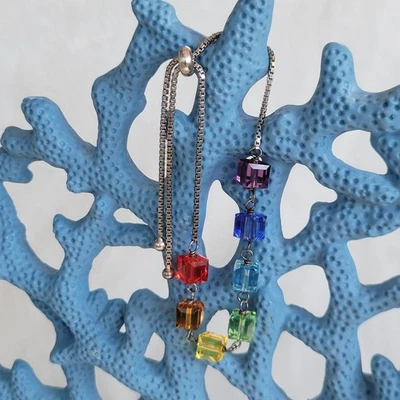 Adjustable 925 Sterling Silver RAINBOW MULTICOLORED GLASS BRACELET PRIDE RAVE - Image 1 of 4