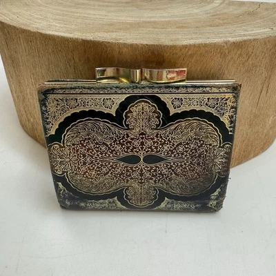 Винтажный кожаный монета сумочки бумажник золото позолота поцелуй замок застежка цветочный прокрутки - Изображение 1 из 4