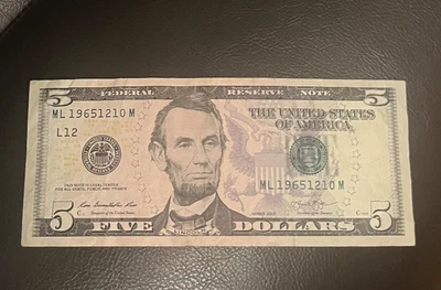 BIRTHDAY NOTE FANCY SERIAL NUMBER 5 FIVE $ DOLLAR BILL SERIAL # ML 19651210 M - Image 1 of 2