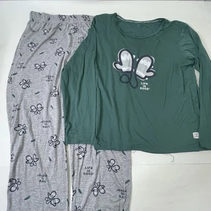 Life Is Good Pajama Set Womens XL Green Top Gray Pants Mitten Print Sleepwear - Picture 1 of 12