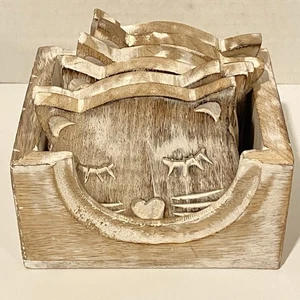 Handmade In India Set Of Wooden Kitty Cat Coasters - Picture 1 of 6