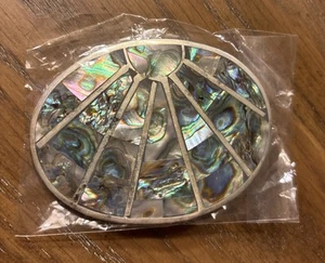 Brand New Mexican Abalone Shell Inlay Chrome Oval Belt Buckle Sea Shell Sunrise - Picture 1 of 4
