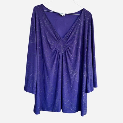 NWT Jaclyn Smith Womens 2X Purple Rhinestone Flare Slv Blouse Slinky Liquid Knit - Image 1 of 4