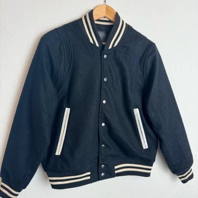 Richie Le 100% Wool Varsity Jacket Black Cream Striped Trim Size Small - Image 1 of 4