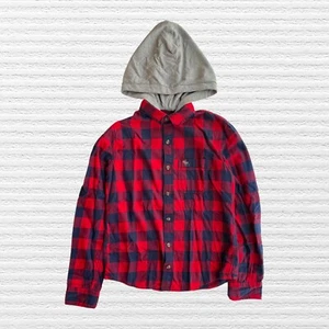 Abercrombie Boys Buffalo Check Hooded Button-Up Shirt Red Blue Sz Large (13-14) - Picture 1 of 11