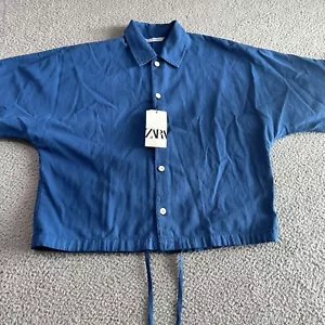 Zara Damen M Kobaltblau Leinenmischung Knopfleiste Kastig Cropped Kordelzug Saum - Bild 1 von 8