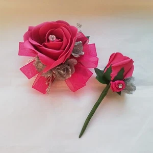 Prom /Wedding Hot Pink & silver /Wrist Corsage & buttonhole glitter/sparkle - Picture 1 of 7
