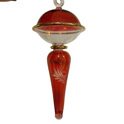 Handblown Glass Ornament  Etched red  Floral Gold Accents Christmas collectible - Image 1 of 4