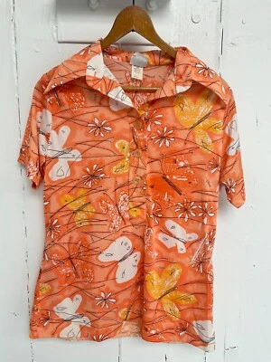 Camisa abotonada vintage años 60 Vera nailon naranja mariposa Foto 1 de 4