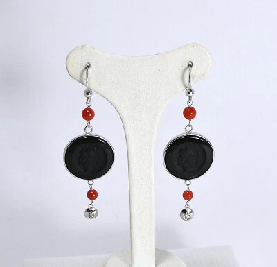  ORECCHINI ORO BIANCO 18 KT CORALLO PALLINI ONICE INCISO VOLTO       -OBHT 0175- - Immagine 1 di 3