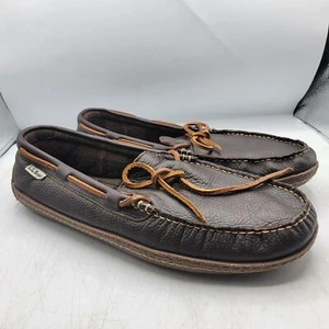 LL Bean Mens 12 Brown Leather Moccasin Flannel Lined Slippers Loafer Shoe 212164 - Picture 1 of 13