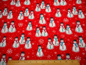 Christmas Fabric By Half-Yard Smiling Snowmen Snowflakes on Red Cotton #11A C - Picture 1 of 2