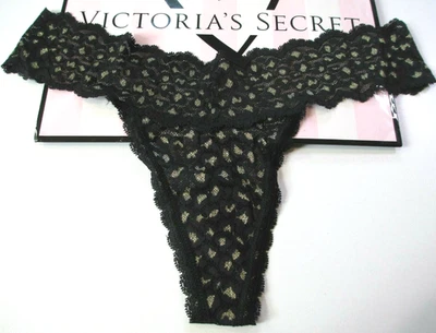 VICTORIA'S SECRET Black Lace Thong Panty VS Leopard Gold Shine S L Spotted NWT - Image 1 of 4