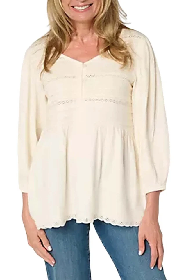 Top para mujer LOGO by Lori Goldstein 100 % algodón con pintucks encaje marfil Foto 1 de 1