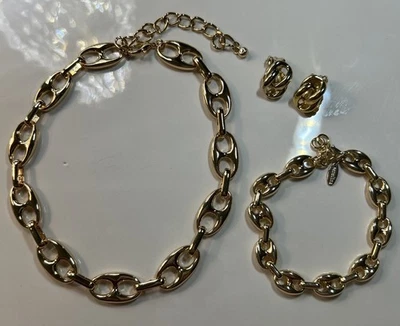 Anthropologie Serefina Gold Link Necklace Bracelet Set + Vintage Clip Earrings - Image 1 of 4