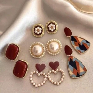 Lot Earrings Dark Red Studs Wholesale 5 Pairs Gold Chunky Pierced Big - Picture 1 of 7