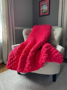 Watermelon Pink Blanket - Chunky Knit Blanket - Bright Pink Chunky Blanket - Picture 1 of 3