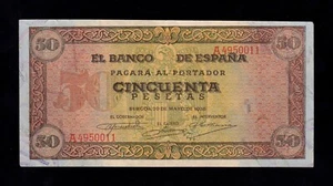 F.C. 50 PESETAS 1938 , SERIE A , EBC- , (2) DOBLECES VERTICALES ,ESQUINA DOBLADA - Picture 1 of 2