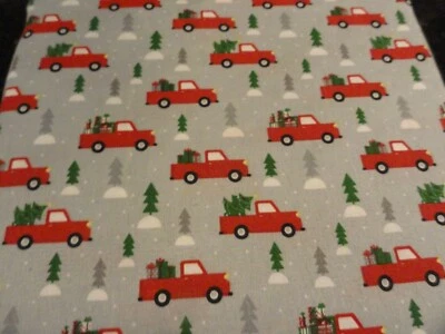 new FUN HOLIDAY 4 pc FULL gray Sheet set Vintage Red Trucks Christmas trees Gift - Image 1 of 4