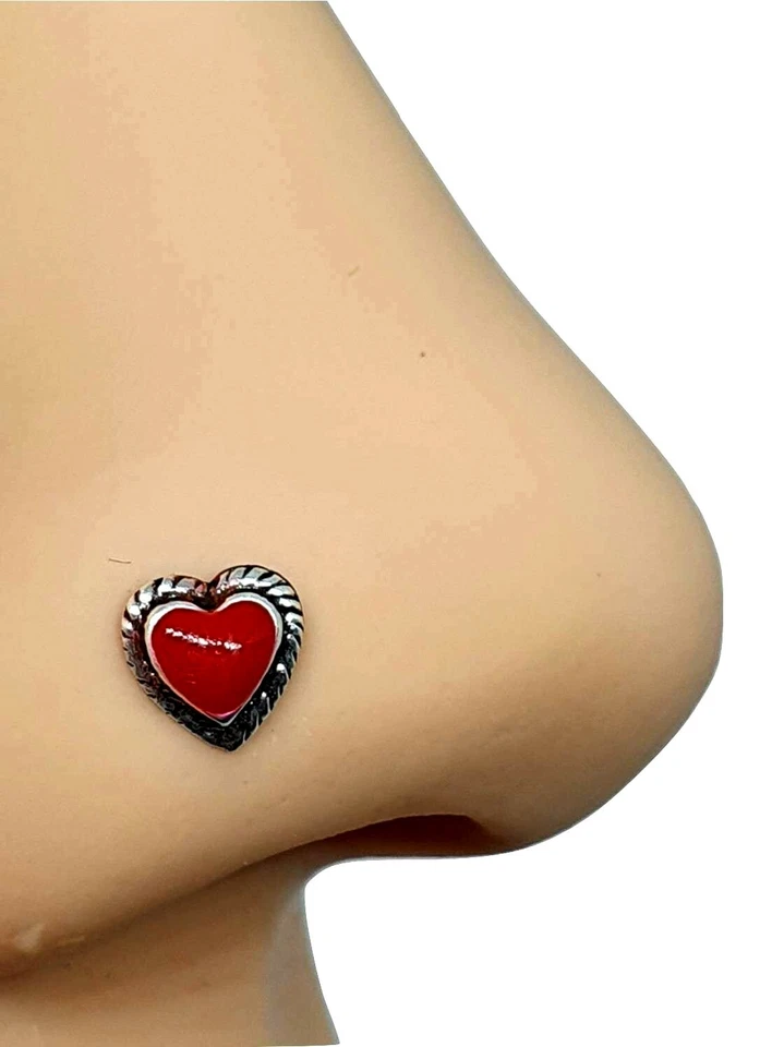 Corazón Nariz Stud Rojo Esmalte Bali Indio 22g (0.6mm) 925 Plata Esterlina Bo... - Imagen 1 de 4