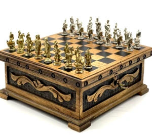 Trojan Metal Chess Pieces With Hidden Compartment Boxed Wooden Chess Board - Picture 1 of 8