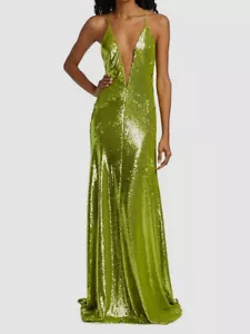 $696 Halston Women's Green V-Neck Sequin Sleeveless Gown Dress Size 12 - Picture 1 of 4