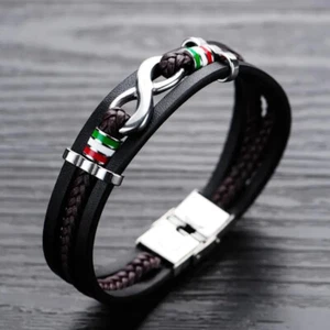 Bracciale Uomo con Infinito e tricolore acciaio cinturino cuoio - Idea regalo - Imagen 1 de 3