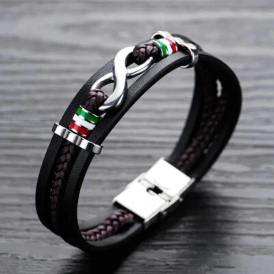 Bracciale Uomo con Infinito e tricolore acciaio cinturino cuoio - Idea regalo - Immagine 1 di 3