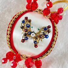 Satin Push Pin Christmas Ornament MCM Red Gold Butterfly Vintage Handmade 