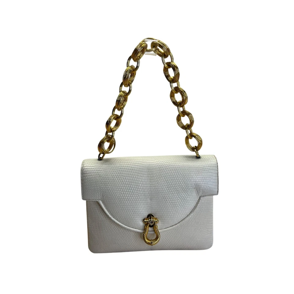 Vintage Finesse White Faux Lizard Leather Handbag Gold Chain Strap & Twist Clasp - Image 1 of 4