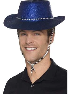 Cowboy Glitter Hat, Blue Western Halloween Stag Night Fancy Dress Accessory - Picture 1 of 2