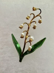 LILY-OF-THE-VALLEY BROOCH , METROPOLITAN MUSEUM STORE 14K Gold/Enamel/Pearls - Picture 1 of 6
