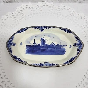 Vintage Delft Hand Painted Holland Trinket Tray Windmill Small 7x4" - Picture 1 of 8
