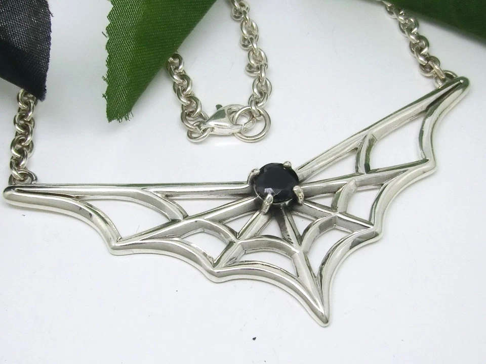 Ragnatela Stilisiert Collier Collana 925 Argento Zirconi Nero Gotico - Immagine 1 di 1