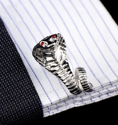 Amazing Cobra Snake Design With Red Ruby Eyes In 925 Silver Fashion Men Cufflink - Image 1 of 4