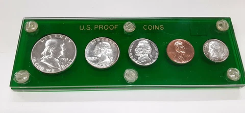 1951 United States Mint 5 Coin Proof Set in Green Acrylic Case 90% Silver (B) Cover