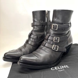 CELINE PARIS BLACK BERLIN ANKLE ZIP BUCKLE LEATHER COWBOY BOOTS SIZE 42 mens - Picture 1 of 13
