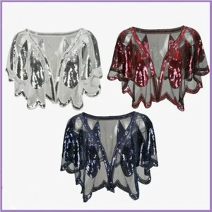 Women Vintage Sequin Cape Sheer Lace Shrug Bolero Shawl Evening Prom Cardigan - Picture 1 of 21