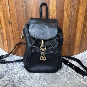 Vintage 90s Perlina New York Black Leather Backpack Purse Drawstring Flap Pack - Picture 1 of 13