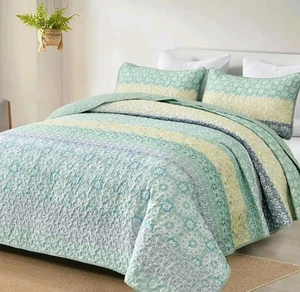 WONGS BEDDING Boho Quilt Set Queen, Sage Green Bohemian Striped Patchwork...28 - Picture 1 of 8