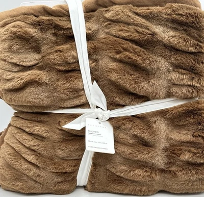 Pottery Barn FAUX FUR RUCHED Throw Blanket Tobacco Brown  ~ 50" x 60" NEW - Image 1 of 2