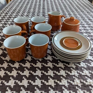 VTG Japanese Stoneware Cup & Saucer Set x6 Creamer & Sugar Retro Orange & Brown - Picture 1 of 11