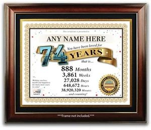 PERSONALIZED HAPPY 74th BIRTHDAY CERTIFICATE / CARD - 74 Year Old - PRESENT GIFT - Picture 1 of 2