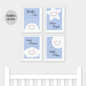 Nursery Prints Goodbye Sun Hello Moon Star Kids Bedroom Baby Room Decor Blue Boy - Picture 1 of 7